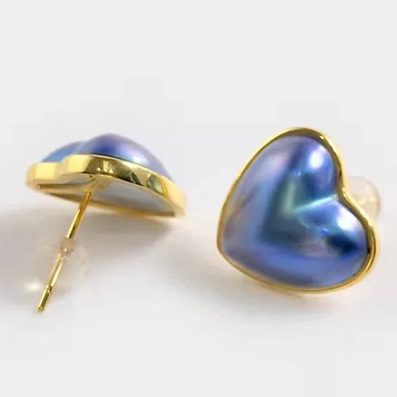 Blue Iridescent Heart-Shaped Pearl Earrings - OOAKB