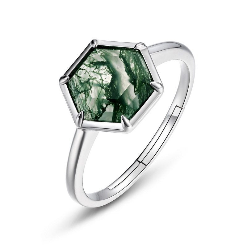 Hexagonal Geometric Moss Agate Open Ring