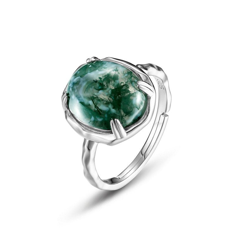 Moss Agate Four-Claw Setting Open Ring Unisex
