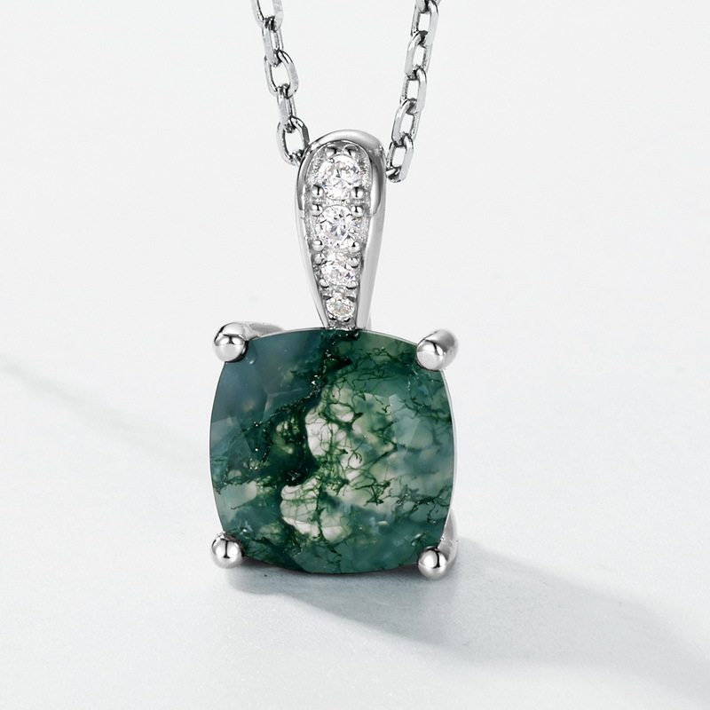 Minimalist Geometric Cushion Cut Moss Agate Pendant