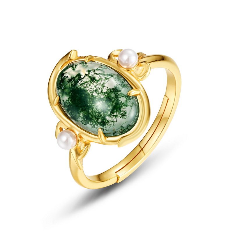 Moss Agate Oval Light Luxury Open Ring Unisex