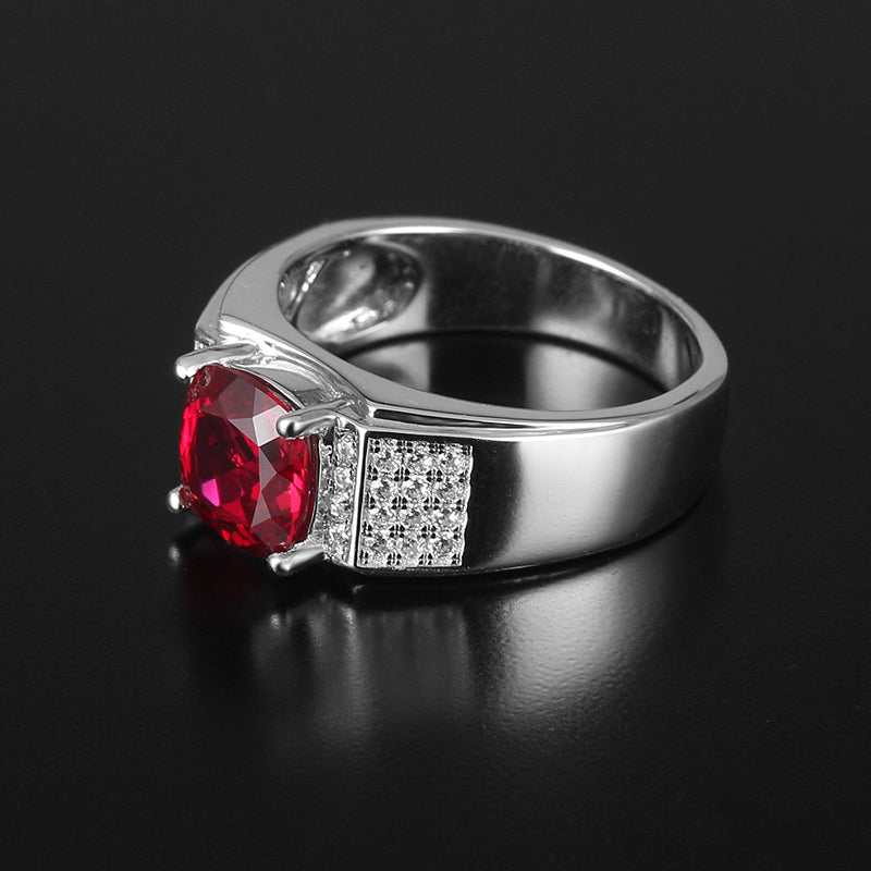 Silver Thick Plated White Gold Niche Design Hand-Inlaid Ruby Men's Ring