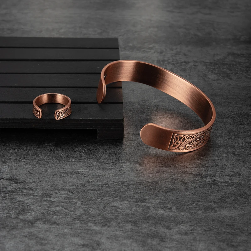 Customized Red Copper Magnetic Bracelet & Ring Set - 7th Anniversary Engraved