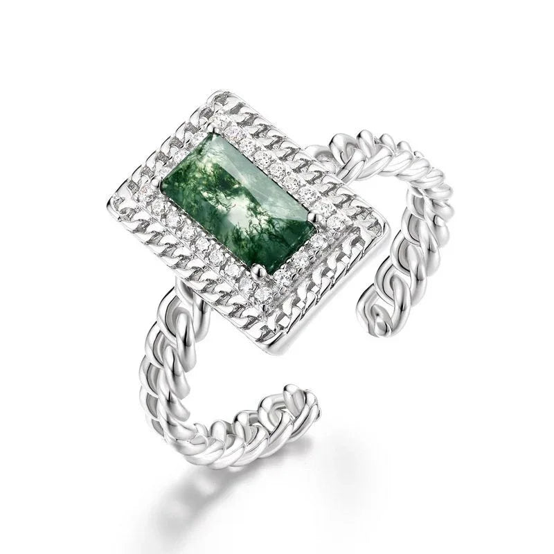 Moss Agate Twist Design Open Ring Unisex - OOAKB