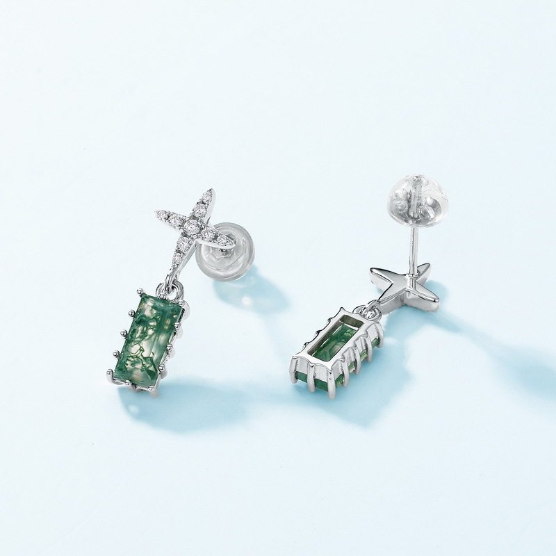 Geometric Rectangular Moss Agate Earrings
