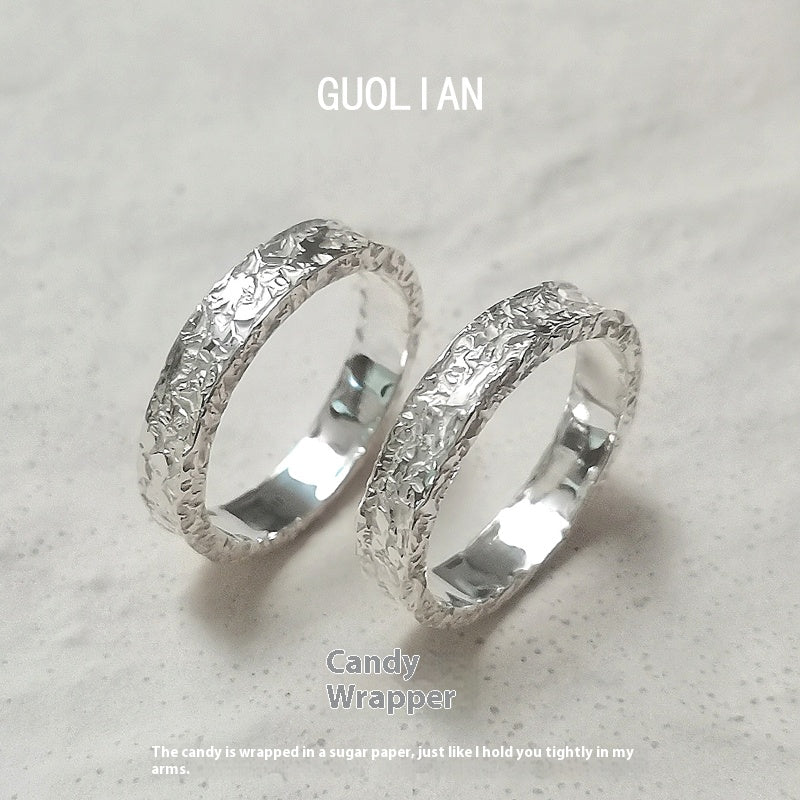 Customized Tin Foil Texture S999 Silver Couple Rings - 10th Anniversary Engraved