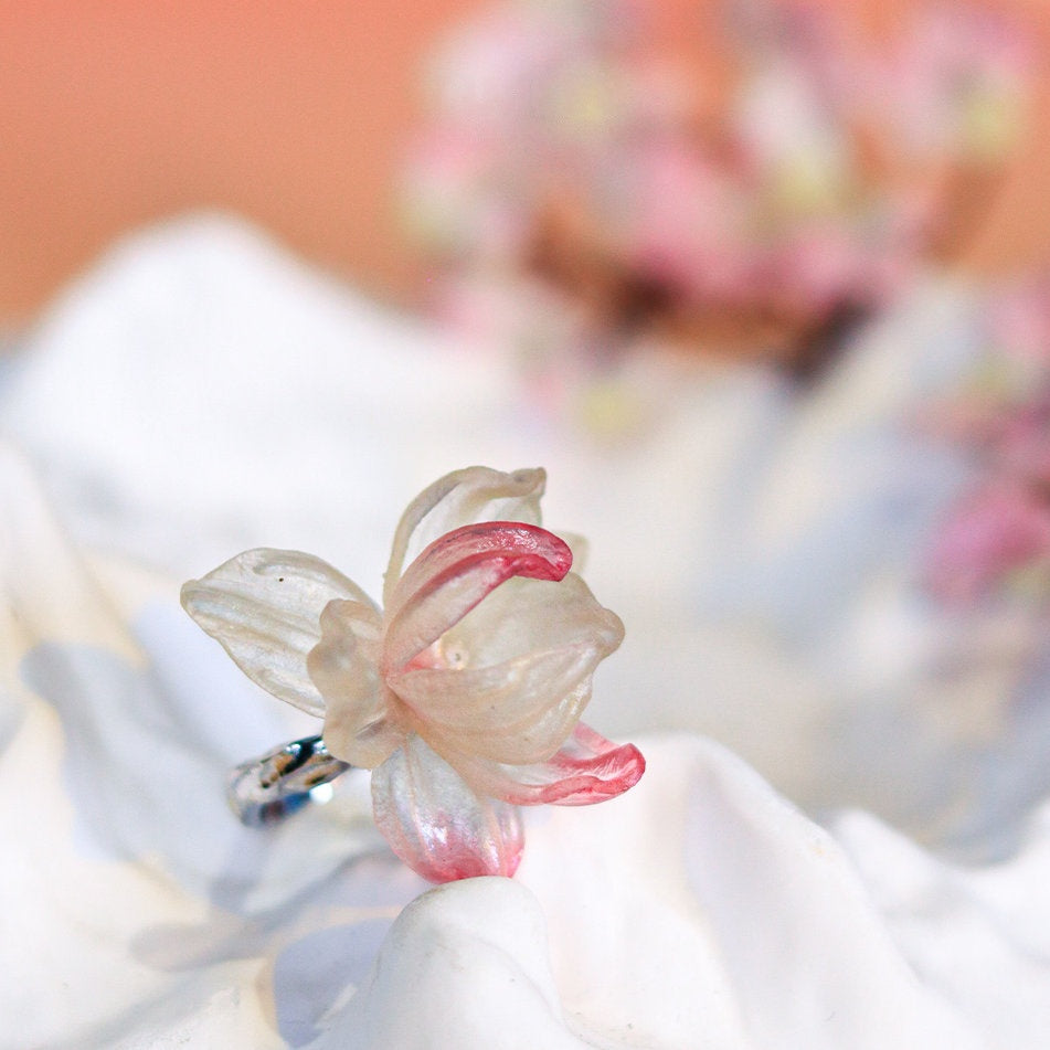 Handcrafted Leather Blossom Ring — Translucent Ivory Petals & Blush Pink Tips | Adjustable Band | 3rd Leather Anniversary Gift for Her