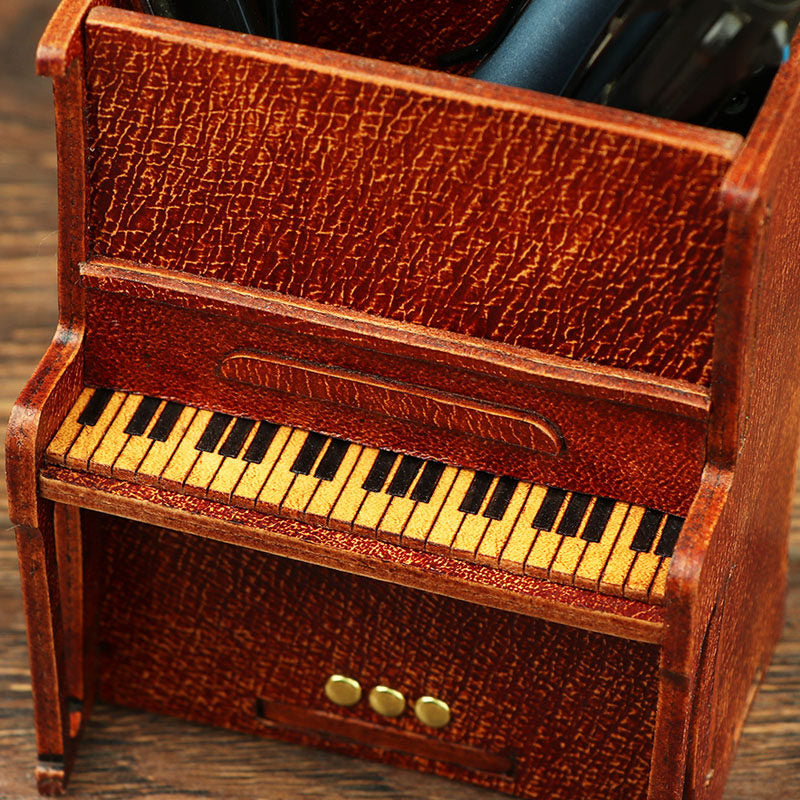 Handcrafted Leather Piano Desk Organizer — Full-Grain Tobacco Brown | Miniature Upright Piano Pen Holder | Music Lover Gift