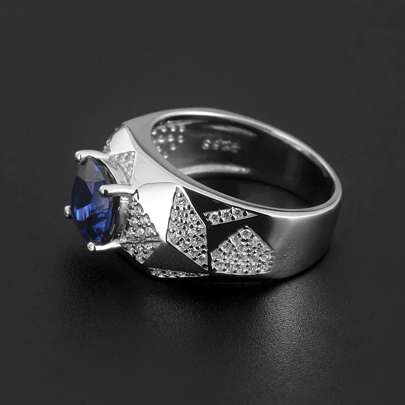 Silver Thick Plated White Gold Sapphire Men's Ring 2.8ct - OOAKB