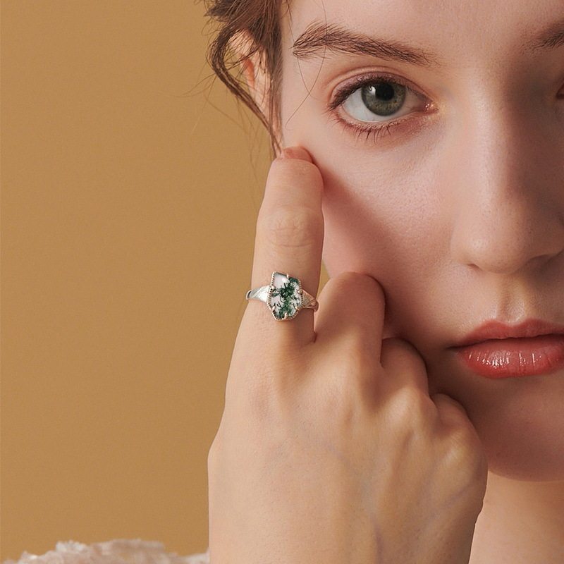 Geometric Moss Agate Open Ring