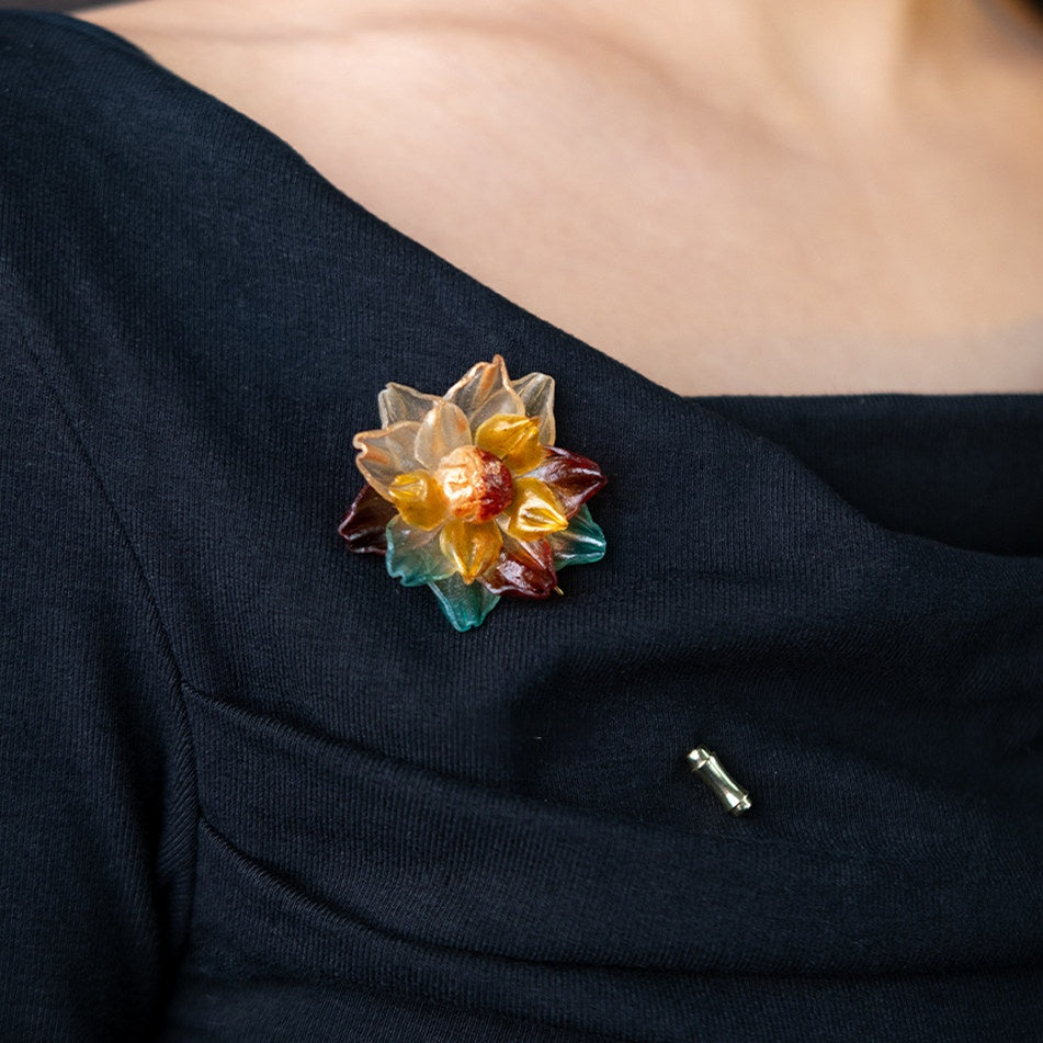 Handcrafted Leather Flower Brooch — Amber, Burgundy & Teal Petals | Wearable Floral Art | 3rd Leather Anniversary Gift for Her
