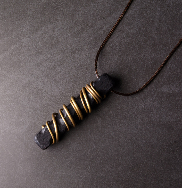 Handmade Ebony Wood & Antique Brass Pendant Necklace – 5th Wood Anniversary Gift, Rustic Minimalist Jewelry for Him or Her