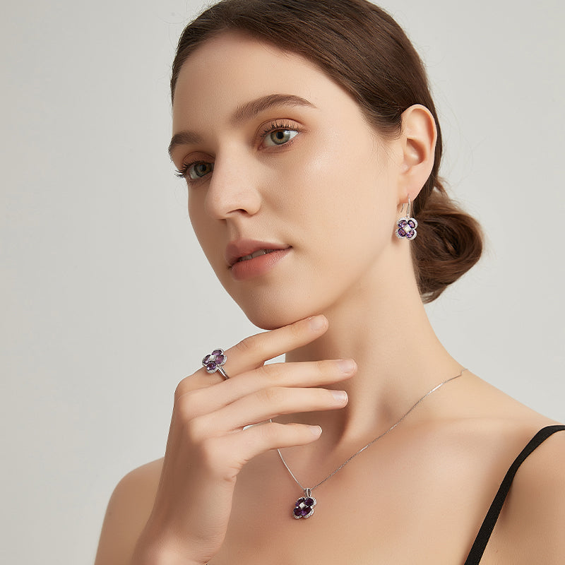 Lucky Clover Series Natural Amethyst Four-Leaf Clover S925 Silver Ring