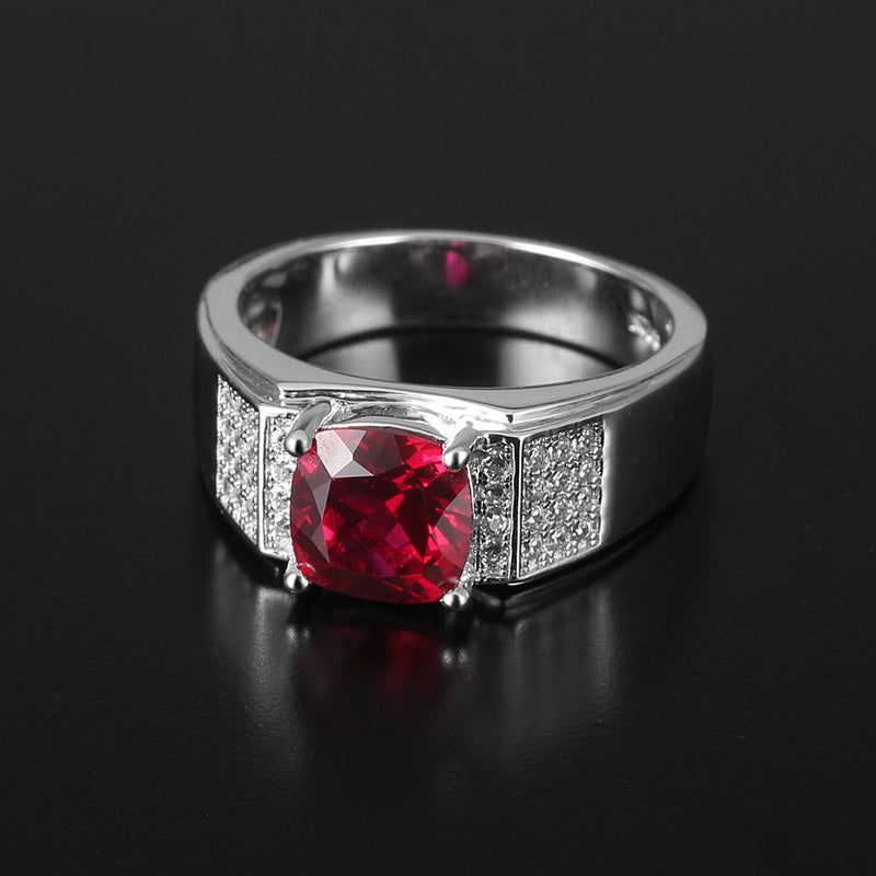 Silver Thick Plated White Gold Niche Design Hand-Inlaid Ruby Men's Ring
