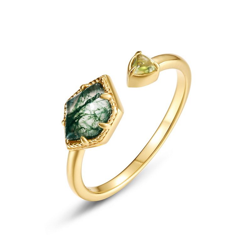 Moss Stone Rhombus Hand-Inlaid Ring