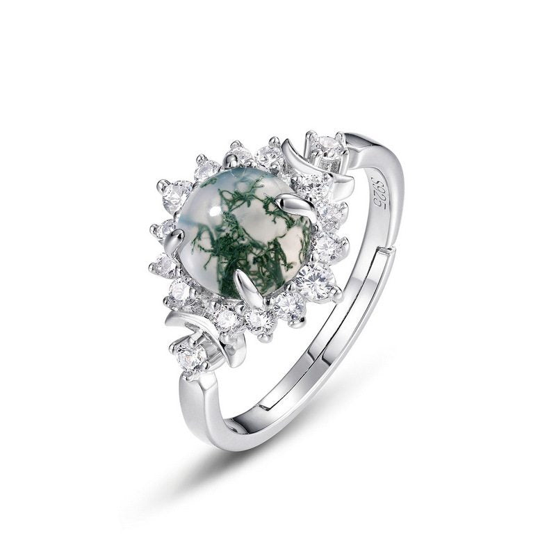 Sunflower Full Inlaid White Zircon Moss Agate Open Ring