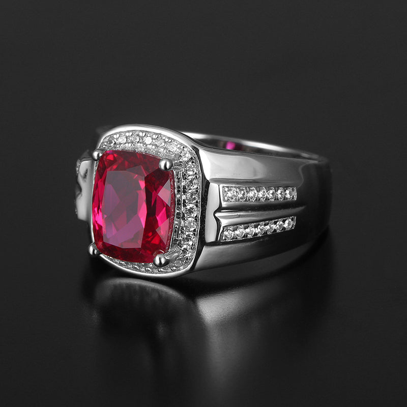 Silver Thick Plated White Gold Precision-Cut Ruby Men's Ring