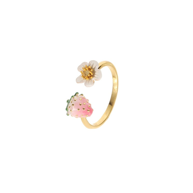 Customized Enamel Strawberry 4th Fruit & Flower Wedding Ring - Adjustable Open Design