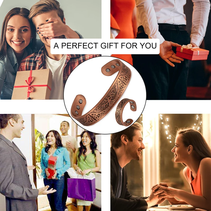 Customized Red Copper Magnetic Bracelet & Ring Set - 7th Anniversary Engraved