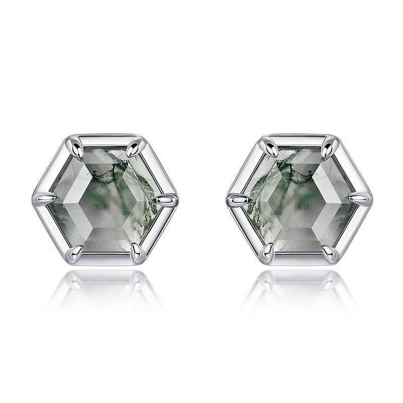 Hexagonal Moss Agate Earrings Unisex