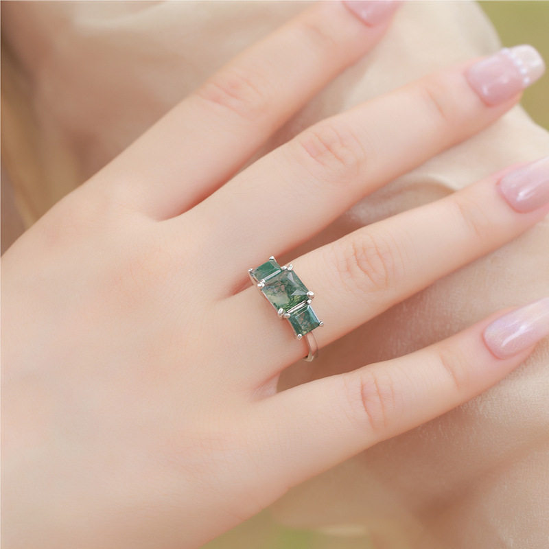 Women's Double Main Stone Moss Agate Open Ring