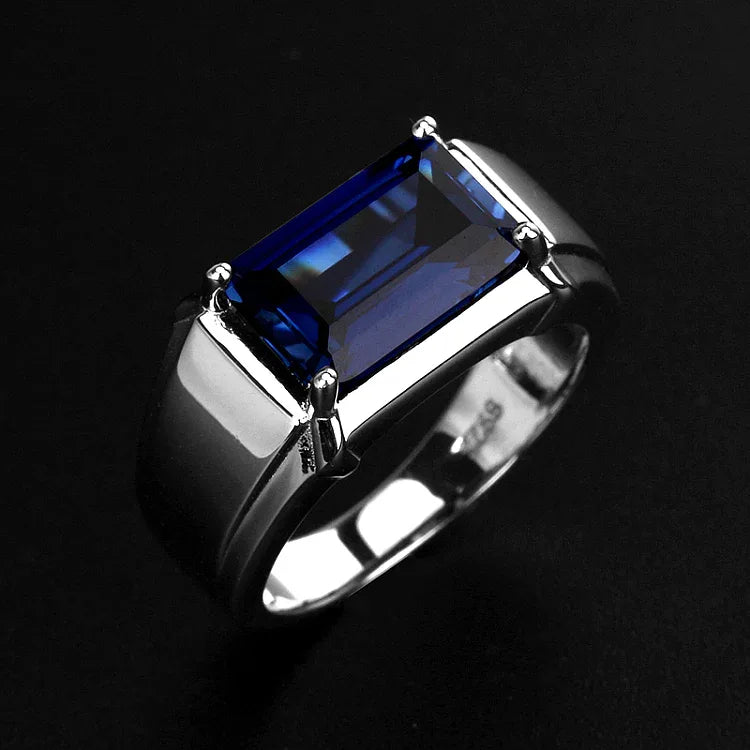 S925 Sterling Silver Plated White Gold Sapphire Men's Ring - OOAKB