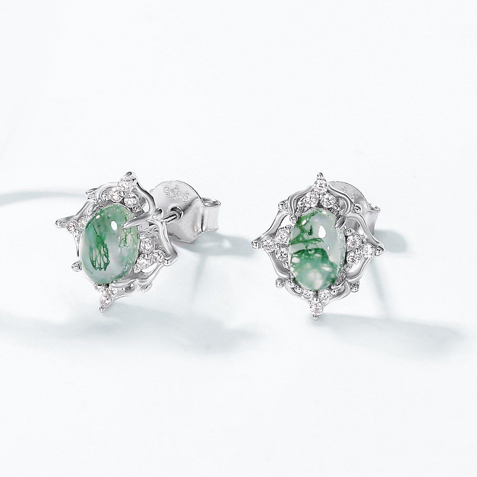 Cabochon Geometric Moss Agate Earrings