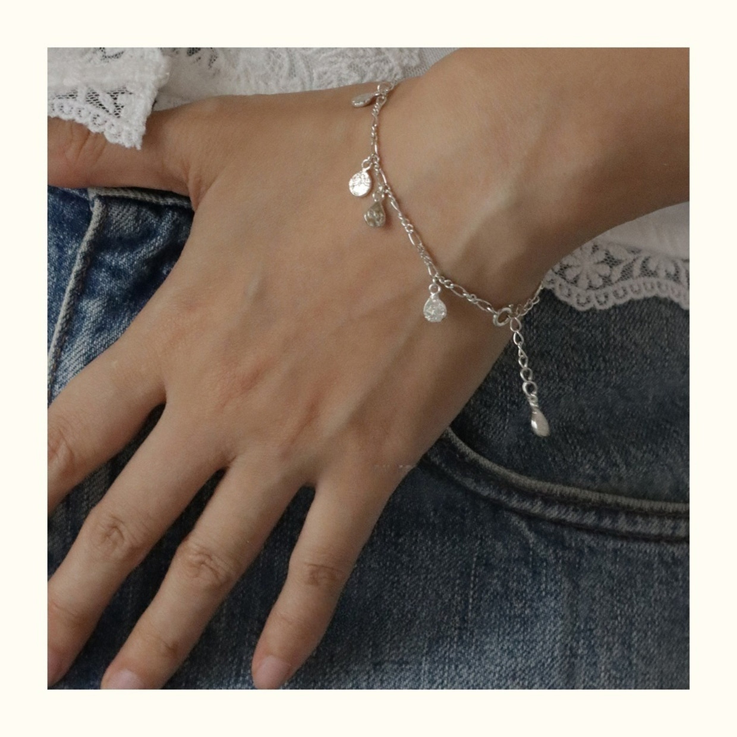 Customized Tin Foil Texture 925 Silver Water Drop Bracelet - 10th Anniversary Adjustable