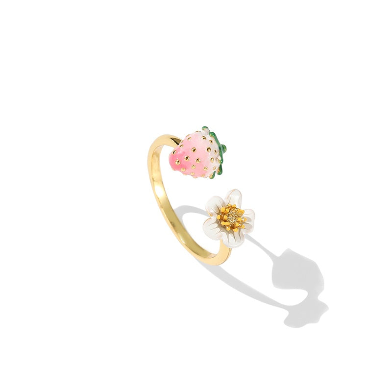 Customized Enamel Strawberry 4th Fruit & Flower Wedding Ring - Adjustable Open Design