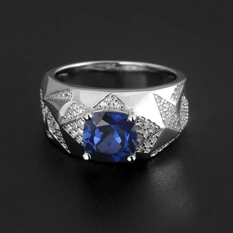 Silver Thick Plated White Gold Sapphire Men's Ring 2.8ct - OOAKB