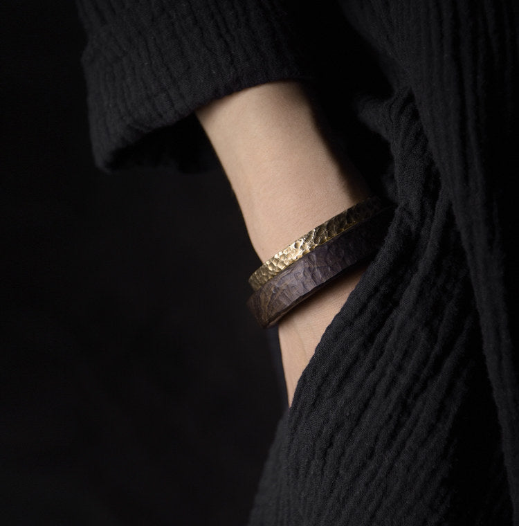 Handmade Ebony Wood & Brass Cuff Bracelet – 5th Wood Anniversary Gift, Gender-Neutral Minimalist Bracelet for Him or Her