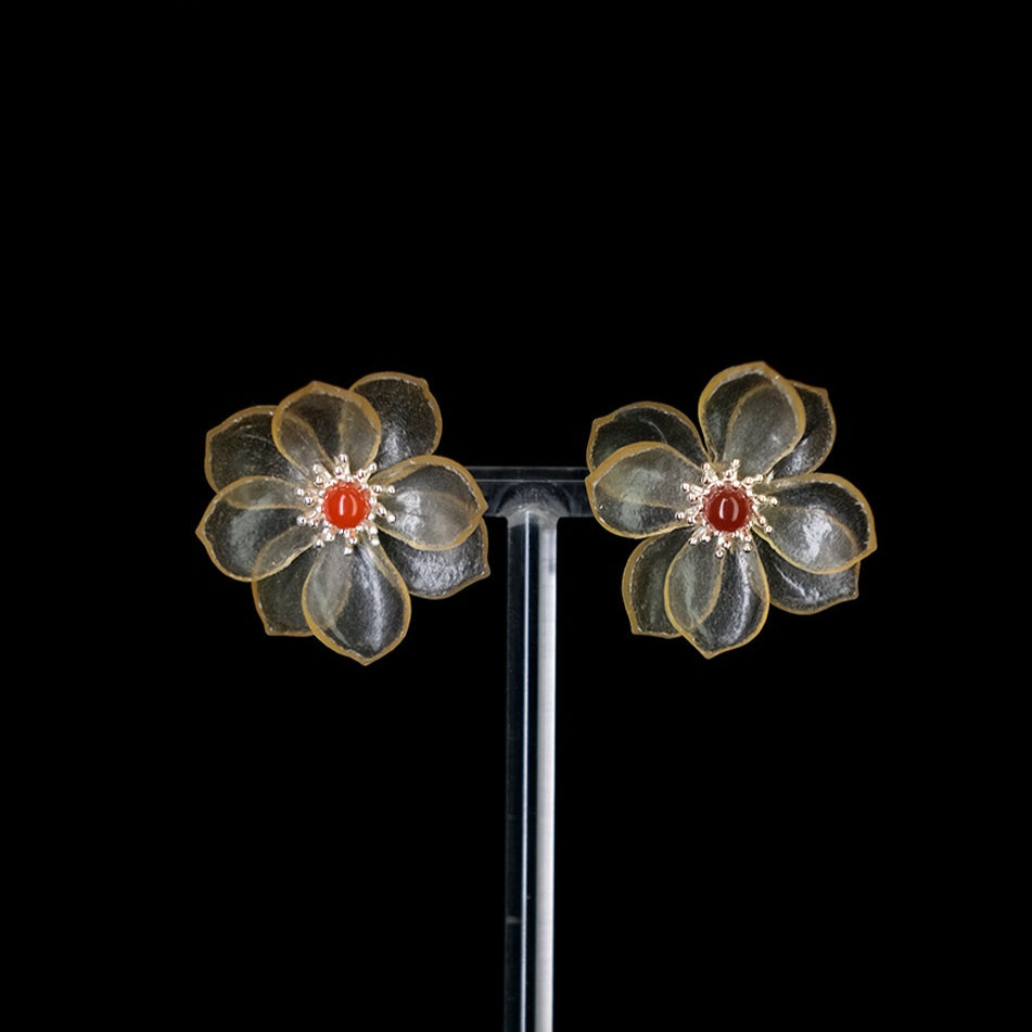 Handcrafted Leather Flower Stud Earrings — Translucent Petals & Coral Red Center | 3rd Leather Anniversary Gift for Her