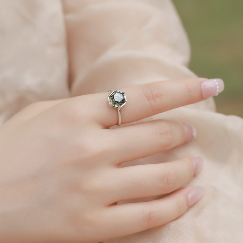 Hexagonal Geometric Moss Agate Open Ring