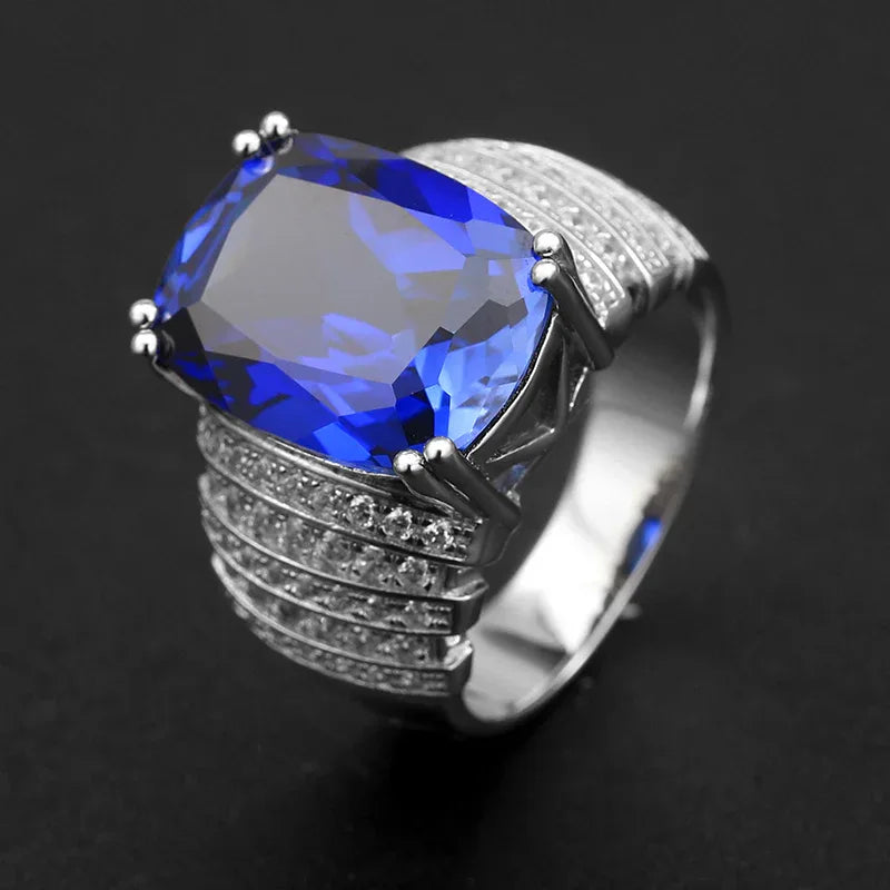 Silver Plated White Gold Sapphire Men's Ring 12.88ct - OOAKB