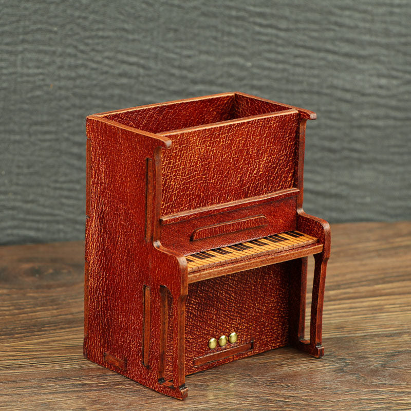 Handcrafted Leather Piano Desk Organizer — Full-Grain Tobacco Brown | Miniature Upright Piano Pen Holder | Music Lover Gift