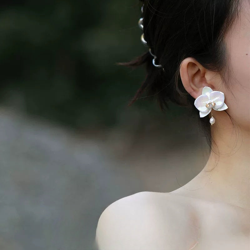 Handmade Porcelain Orchid Earrings – Pearl & Gold Anniversary Gift