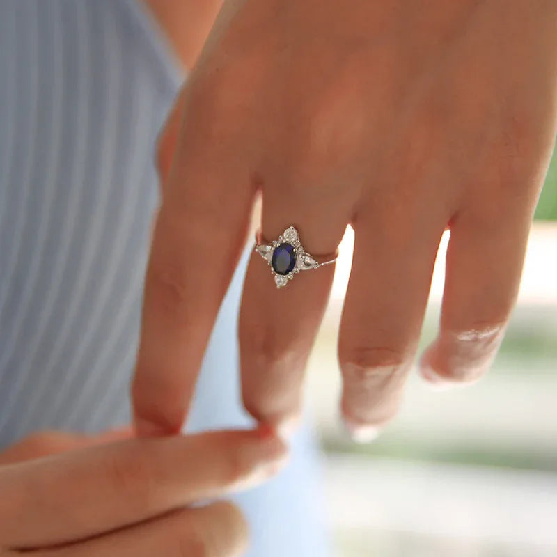 Sapphire S925 Silver Main Stone with Side Stones Ring - OOAKB