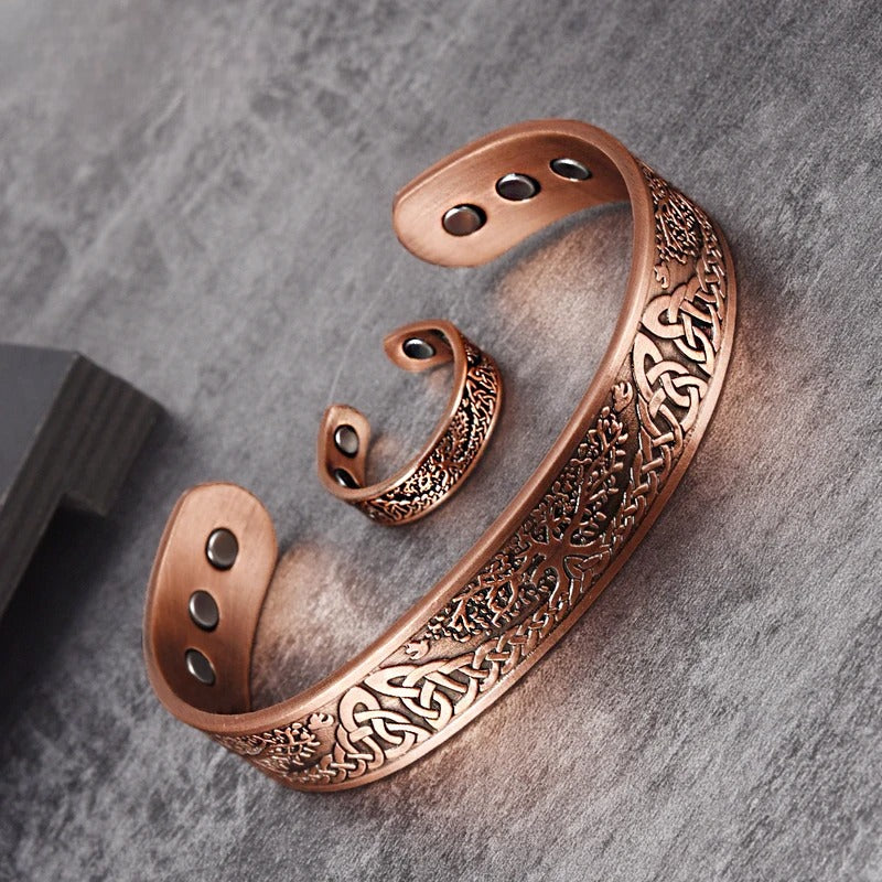 Customized Red Copper Magnetic Bracelet & Ring Set - 7th Anniversary Engraved