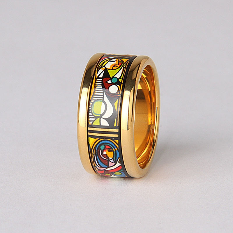 Customized Artisanal Enamel Ceramic Ring - 9th Anniversary Picasso Mirror Girl Motif