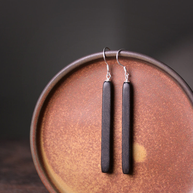 Handmade Ebony Wood Long Drop Earrings – 5th Wood Anniversary Gift for Wife, Minimalist Bar Earrings with 925 Silver Hooks, 2 Finishes