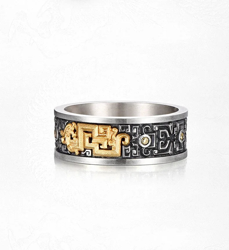 Customized Vintage Bronze-Inlaid Silver Loong Ring - 8th Anniversary Engraved - OOAKB