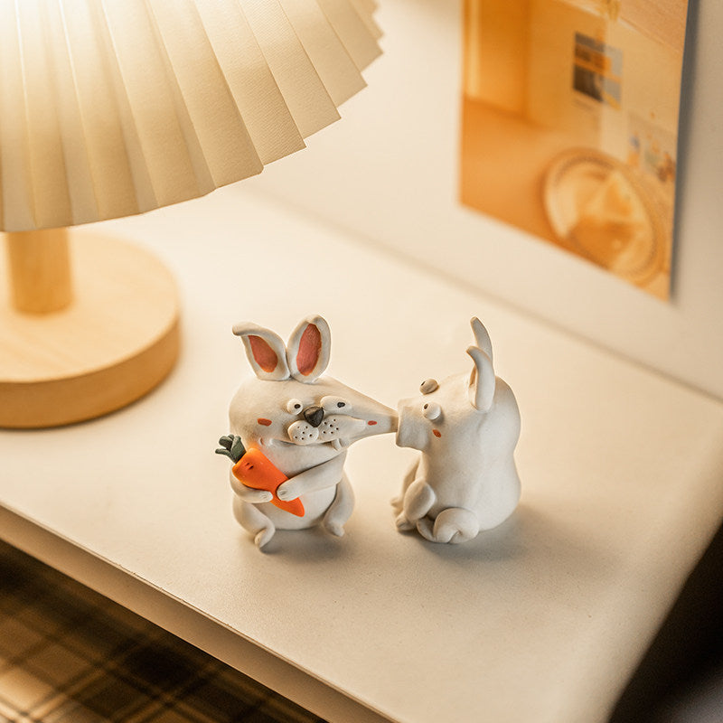 Handmade Kissing Bunny Porcelain Sculpture – Two Rabbits Touching Noses | 2nd & 9th Anniversary Gift