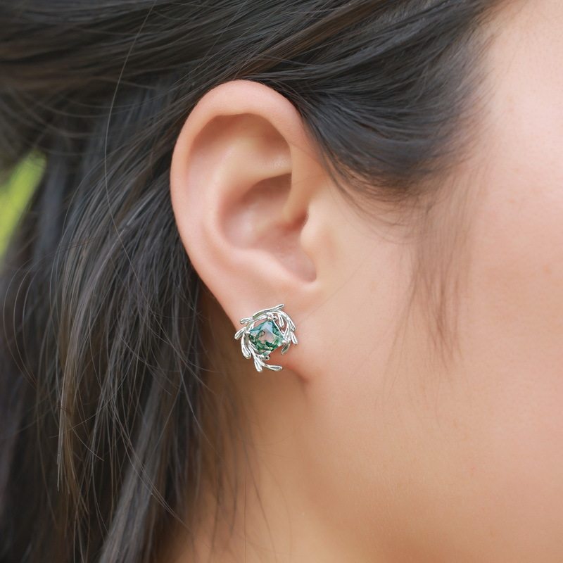 New Style Olive Branch Design Moss Agate Earrings