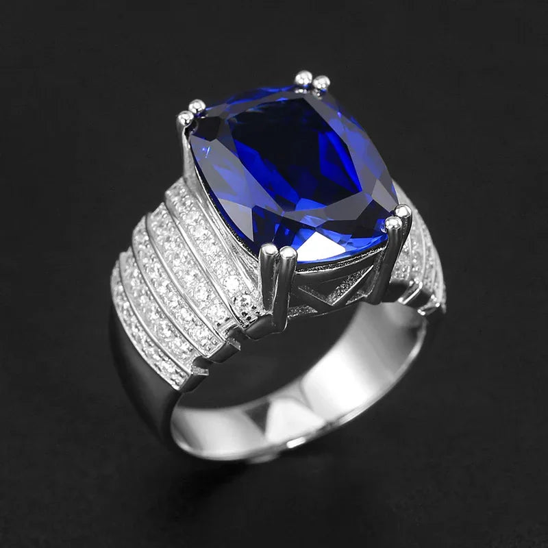 Silver Plated White Gold Sapphire Men's Ring 12.88ct - OOAKB