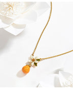 Customized Orange Enamel 4th Fruit & Flower Wedding Necklace - 18K Gold-Plated Engraved