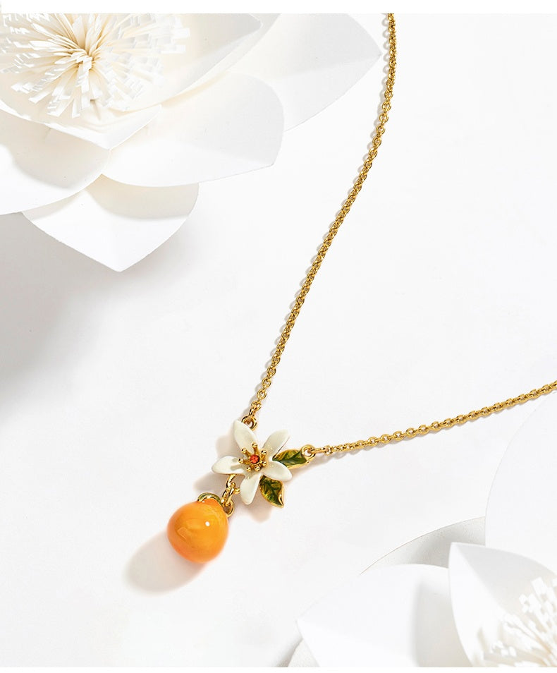 Customized Orange Enamel 4th Fruit & Flower Wedding Necklace - 18K Gold-Plated Engraved