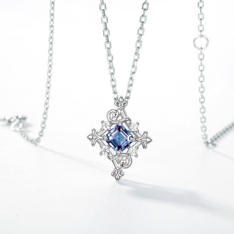 Silver Alexandrite Retro Pattern Pendant Necklace