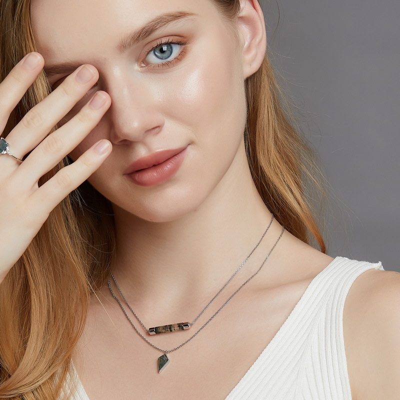 Natural Geometric Moss Agate Collarbone Necklace