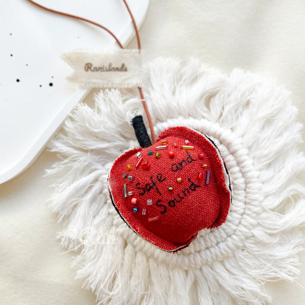 Personalized Linen Apple Ornament — Handmade Embroidered Keepsake | Custom Names & Dates | Cotton Anniversary Gift | Car Mirror or Home Decor