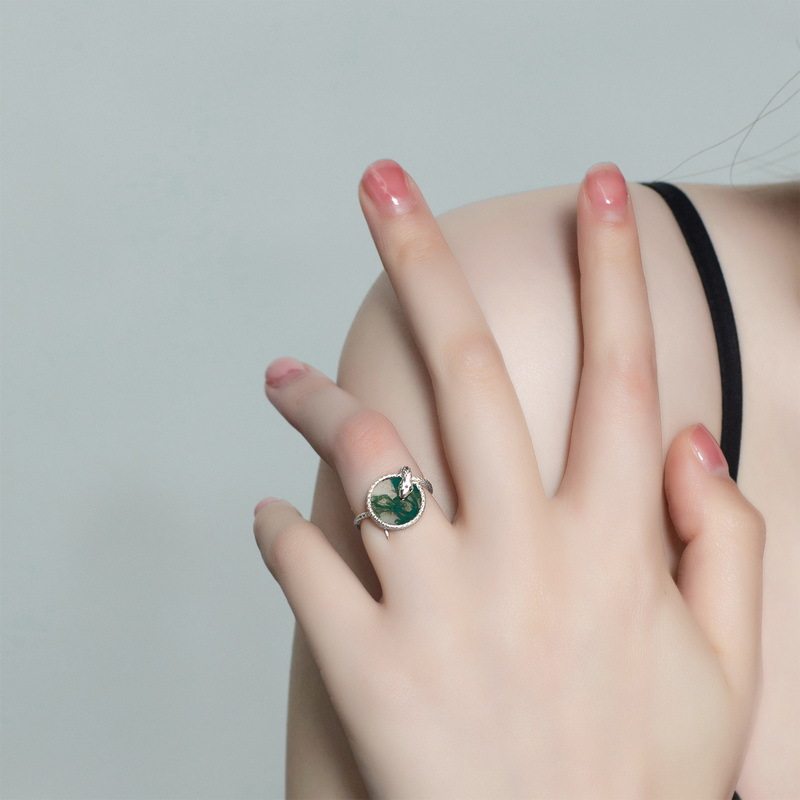 Snake Coiled Moss Agate Index Finger Ring